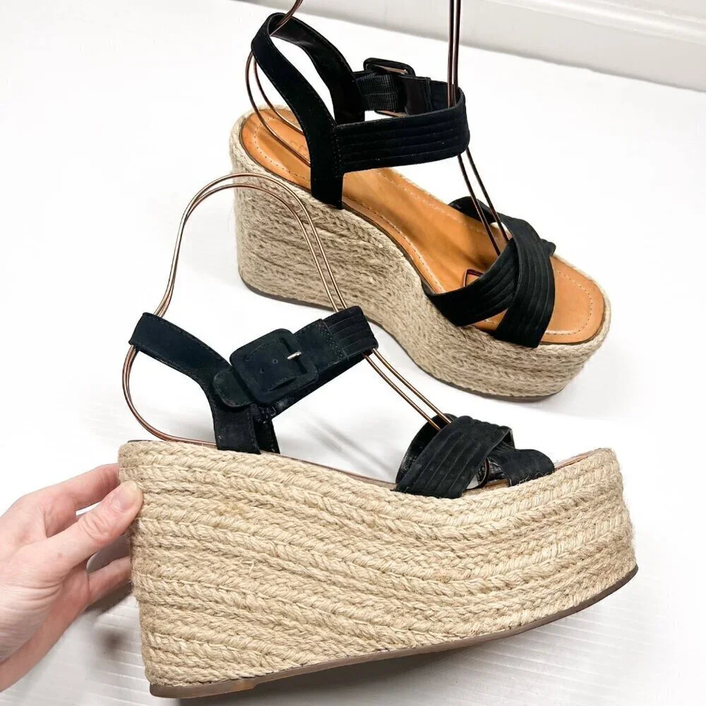 Schutz Blisse Nubuck Platform Wedge Sandal Size 10 Black / Tan